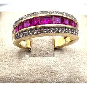 Gold Plated Multi-Channel Ring With Synthetic Ruby & CZ Accents - Size 7
